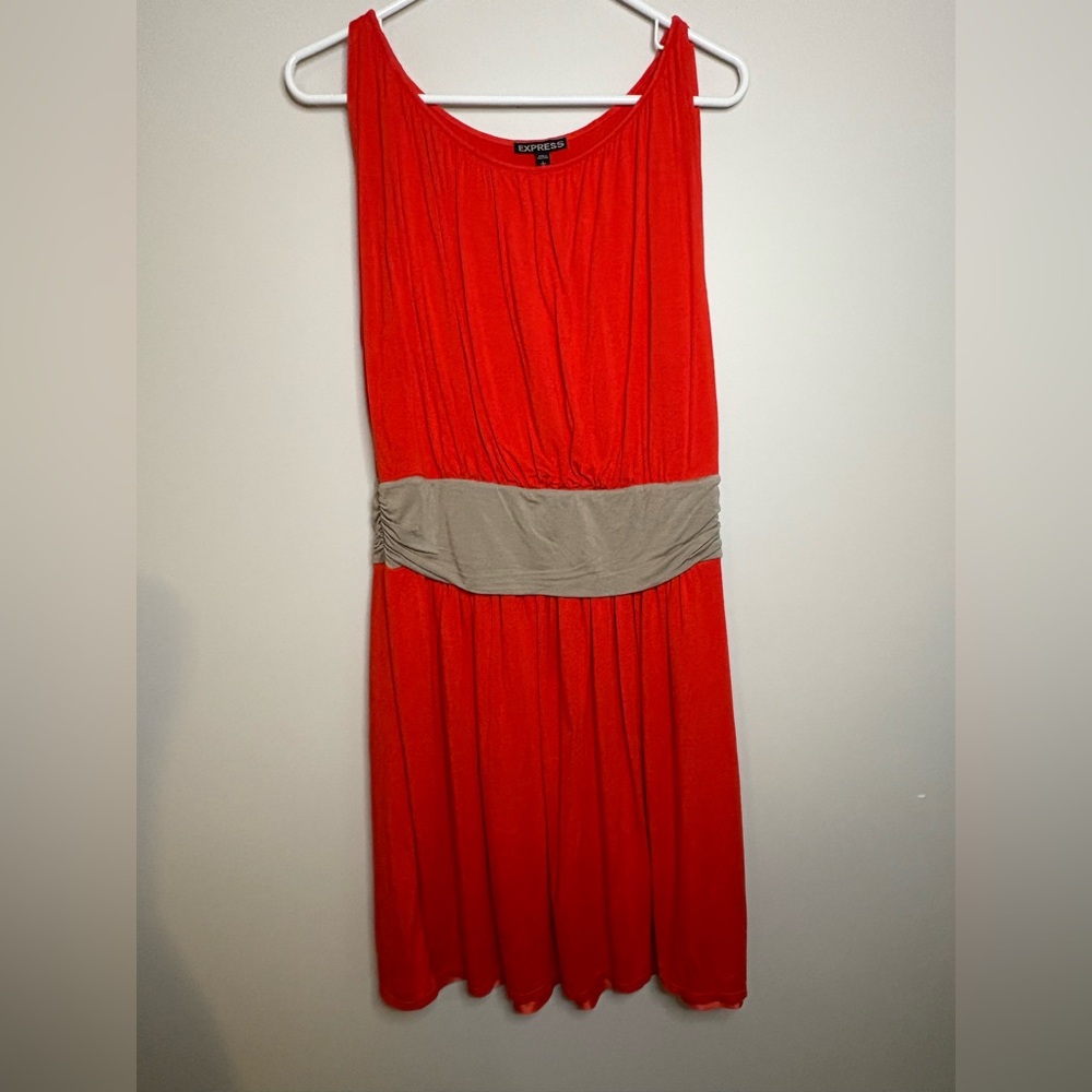 Express Red/Orange Sleeveless Dress with Taupe Waistband